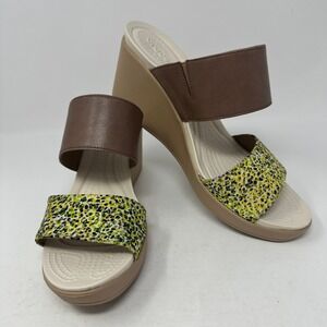 Crocs Wedge Sandals Women 11 Brown Yellow Leigh II Leopard Print Strappy 202518
